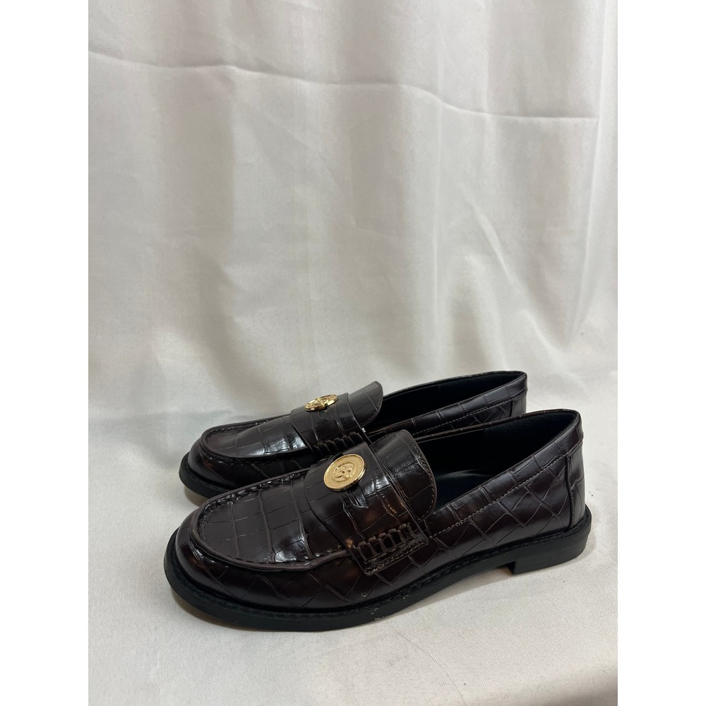A New Day Womens Croc Embossed Penny Loafers Burgundy Gold Coin Medallion 6.5